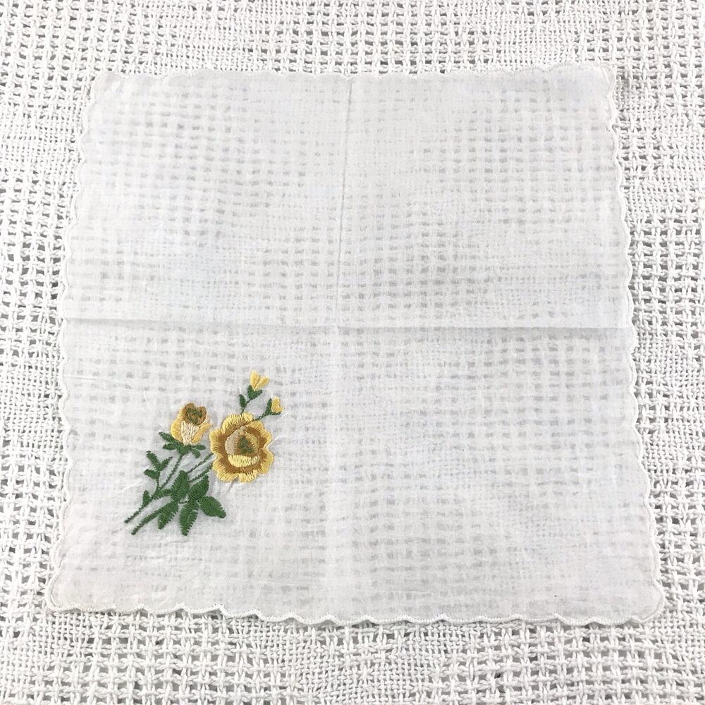 Sheer White Handkerchief with Embroidered Yellow Flower Vintage Bridal Accessory